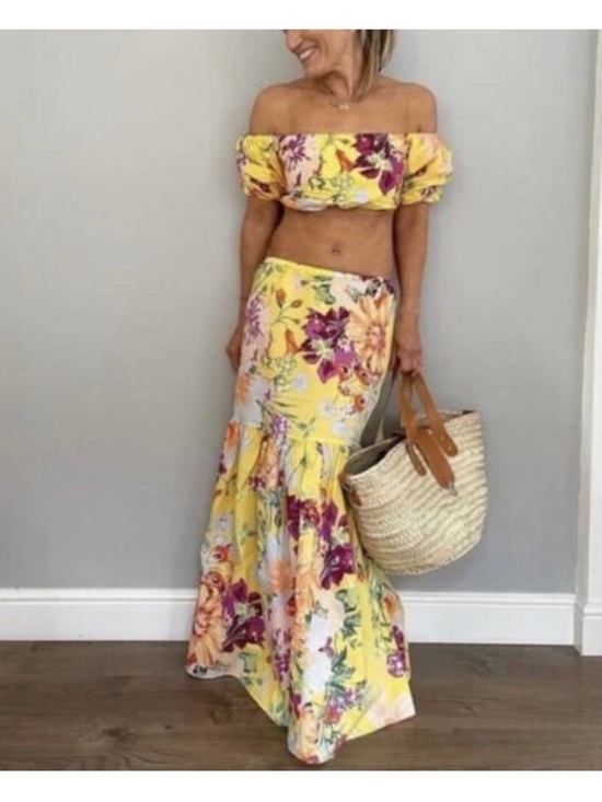 H&M Dresses & Skirts - NWT Yellow Floral Tropical Resort Two-Piece Co-Ord Crop Top Maxi Skirt Set sizeM